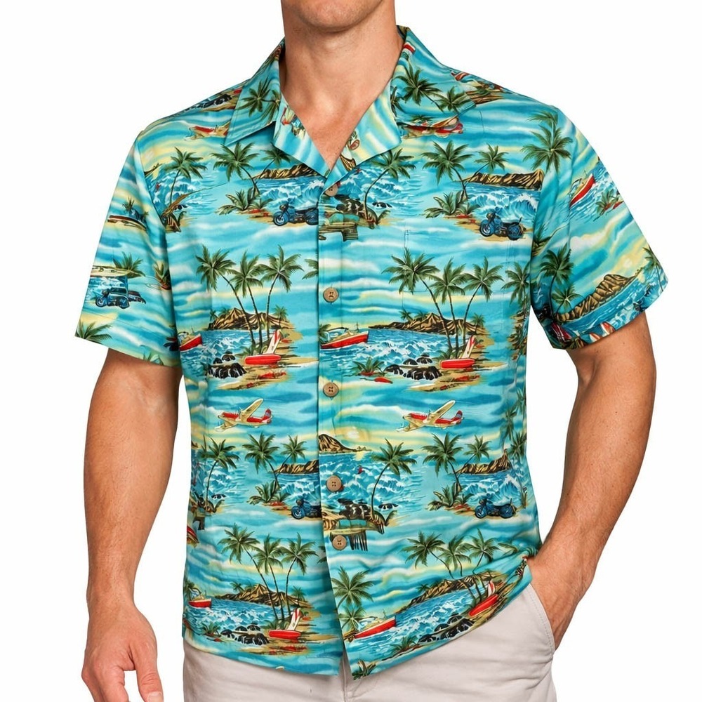 Koko Head Hawaiian Aloha Shirt Small Seaplanes Boats Palms Islands Surfboards